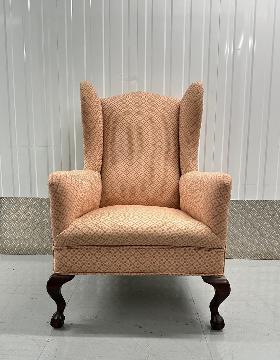 Large grand wing chair for reupholstery 02 Large Queen Anne wing chair on ball and claw feet for reupholstery