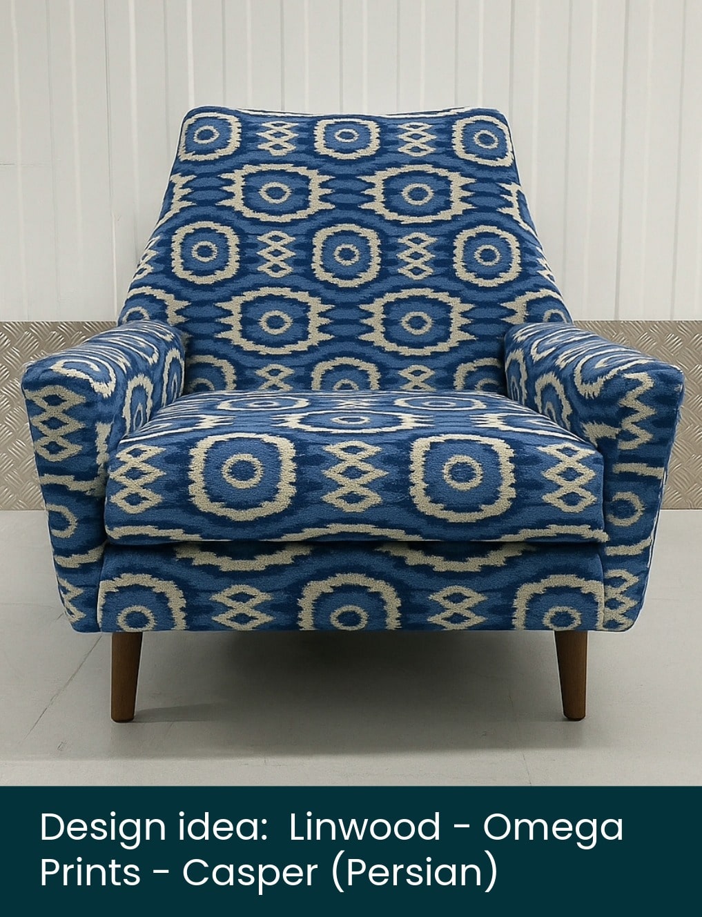 Parker Knoll Giovanni for reupholstery 04 – mockup 1 Mockup of a Parker Knoll chair reupholstered in a Linwood Fabric (Omega Prints - Casper - Persian)
