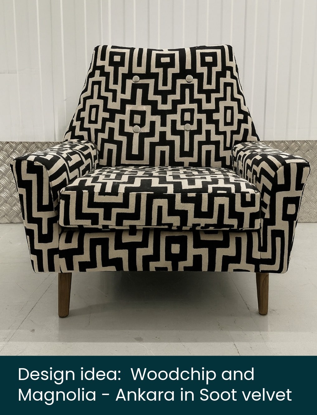 Parker Knoll Giovanni for reupholstery 06 – mockup 3 Mockup of a Parker Knoll chair reupholstered in a Woodchip and Magnolia velvet (Ankara in Soot)