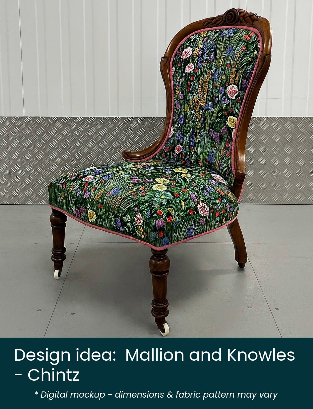 To Upholster 01a balloon mockup07 – Mallion and Knowles- chintz Victorian balloon backed chair mocked up in a Mallion & Knowles Chintz fabric