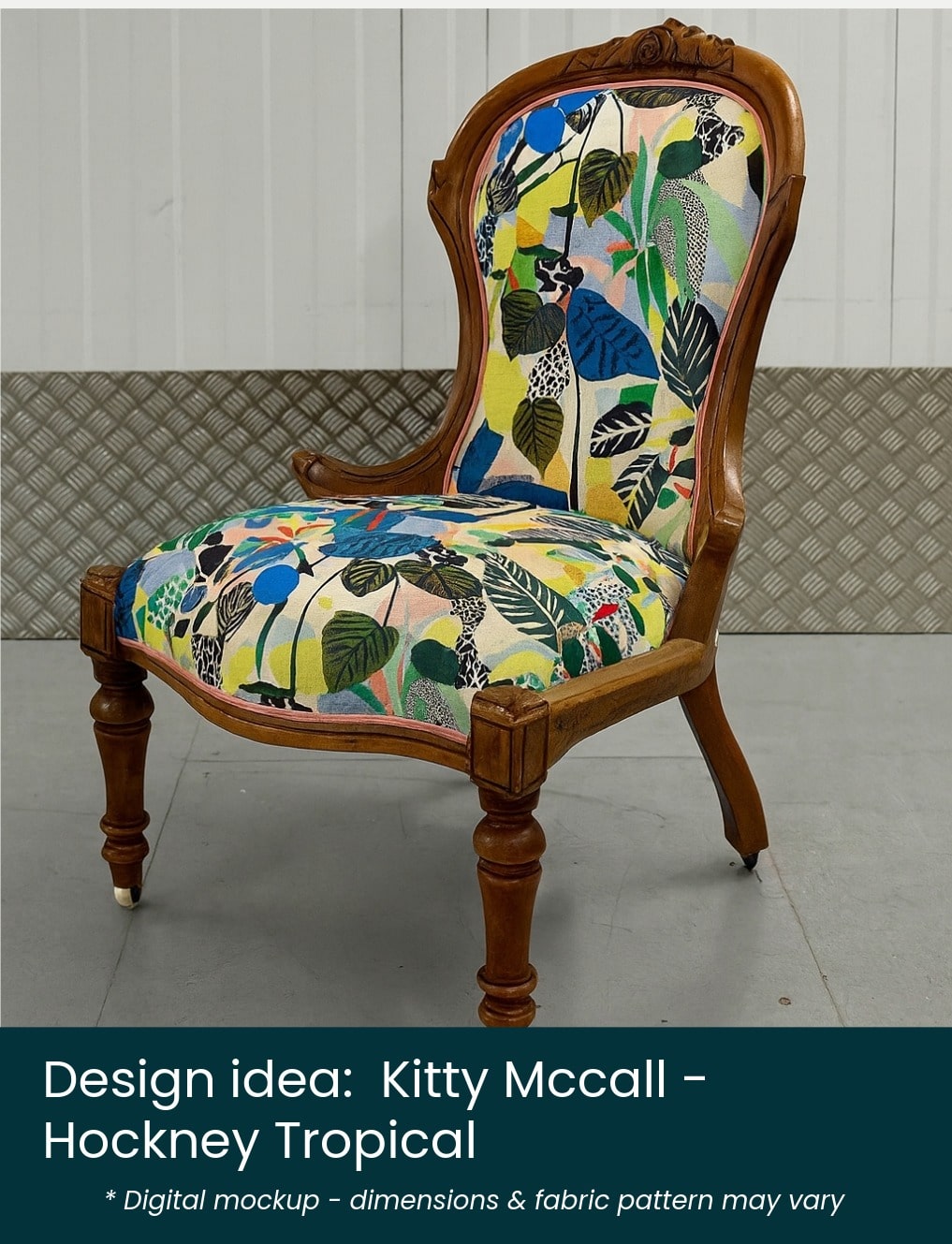 To Upholster 01a balloon mockup08 – Kitty Mccall – Hockney Tropical Victorian balloon backed chair mocked up in a Kitty McCall Fabric - Hockney Tropical