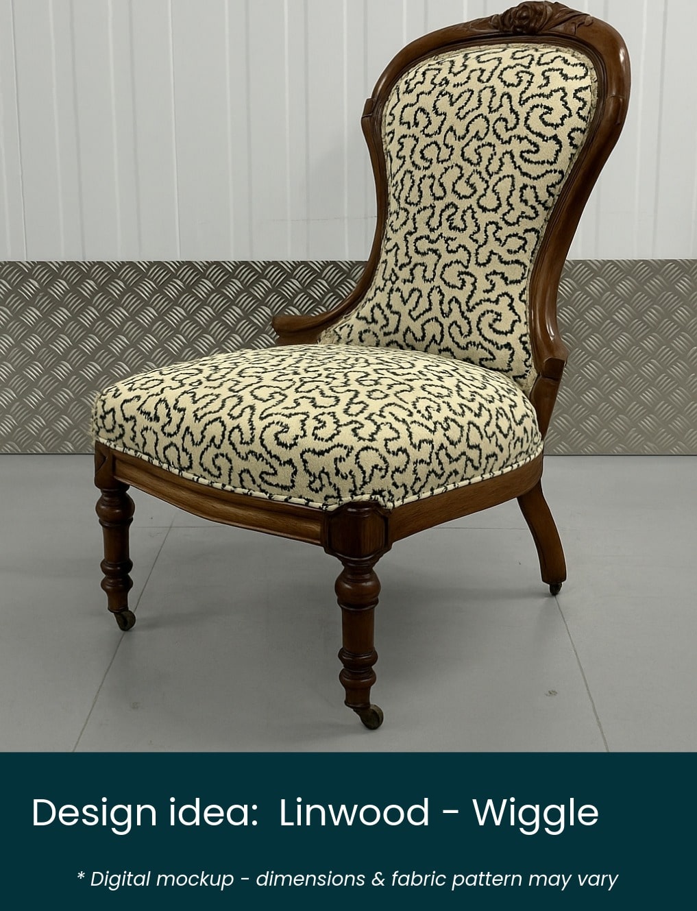 To Upholster 01a balloon mockup11 -linwood – wiggle Victorian balloon backed chair mocked up in a Linwood Wiggle fabric