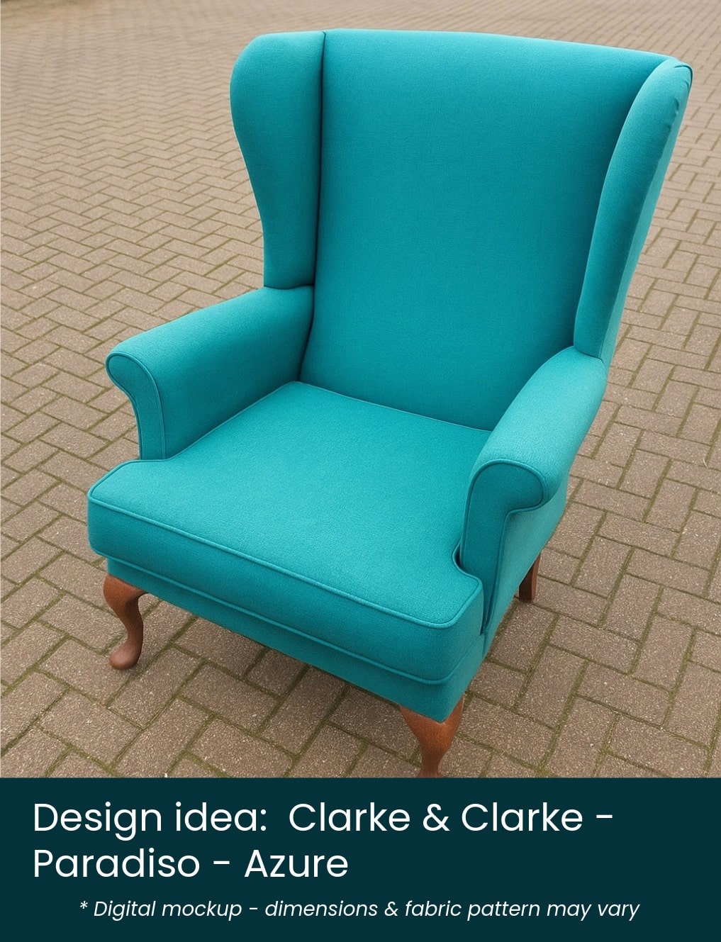 Clarke and Clarke – Paradiso – Azure – label Parker Knoll Penshurst chair mocked up in Clarke & Clarke Paradiso fabric