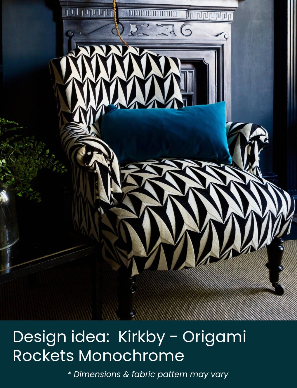 Kirkby – Origami Rockets Monochrome – label Napoleon III chair mocked up in Origami Rockets Monochrome fabric