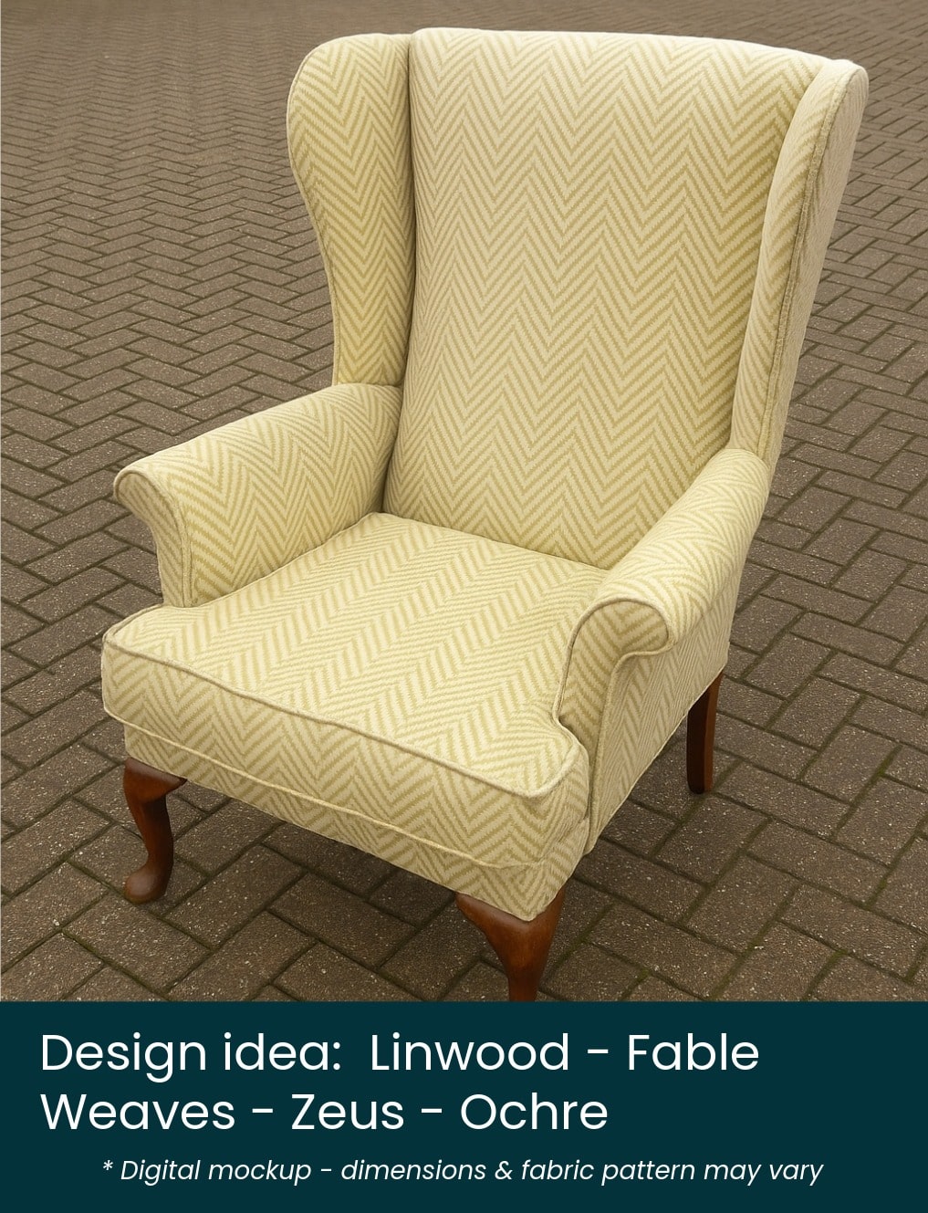 Linwood – Fable Weaves – Zeus – ochre – label Parker Knoll Penshurst chair mocked up in Linwood - Fable Weaves fabric