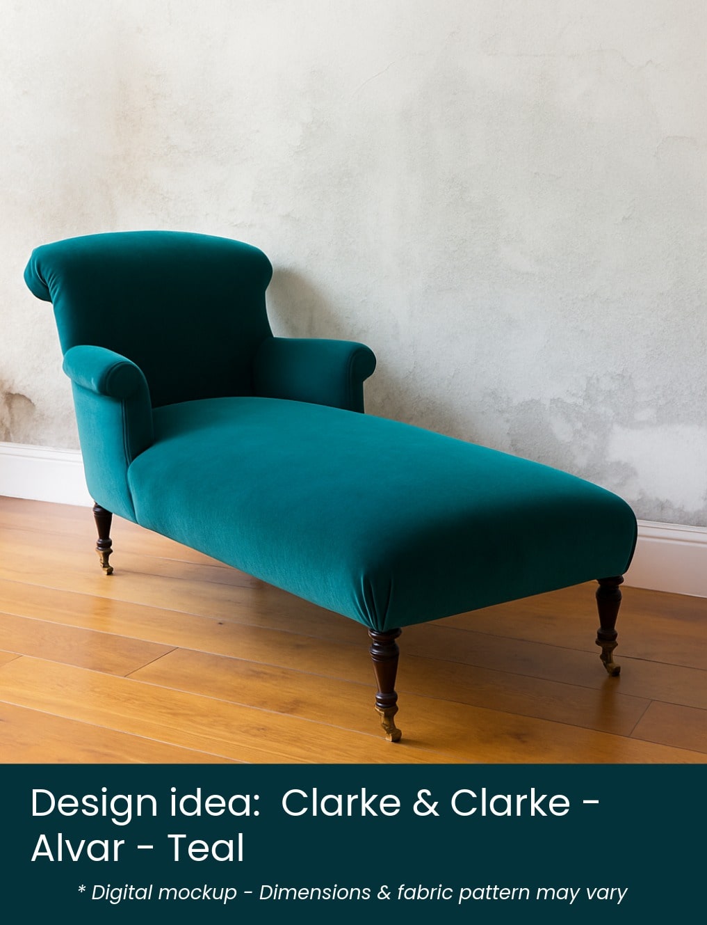 Napoleon III chaise for reupholstery 02 – Clarke and Clarke – Alvar -teal – label Napoleon III chaise mocked up in Clarke & Clarke - Alvar -teal