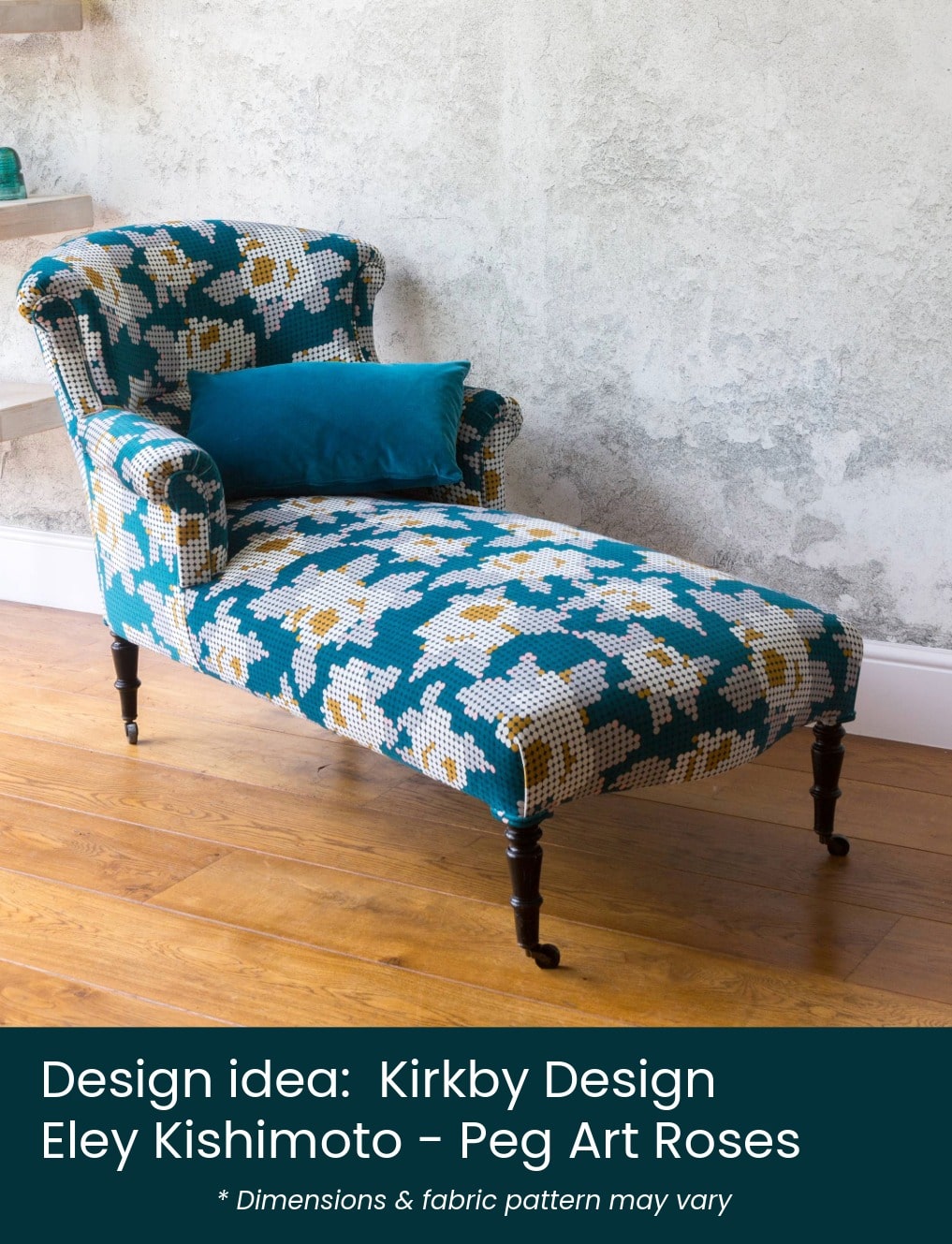 Napoleon III chaise for reupholstery 02 – label Napoleon III chaise mocked up in Kirkby Fabrics - Eley Kishimoto Peg Art Roses